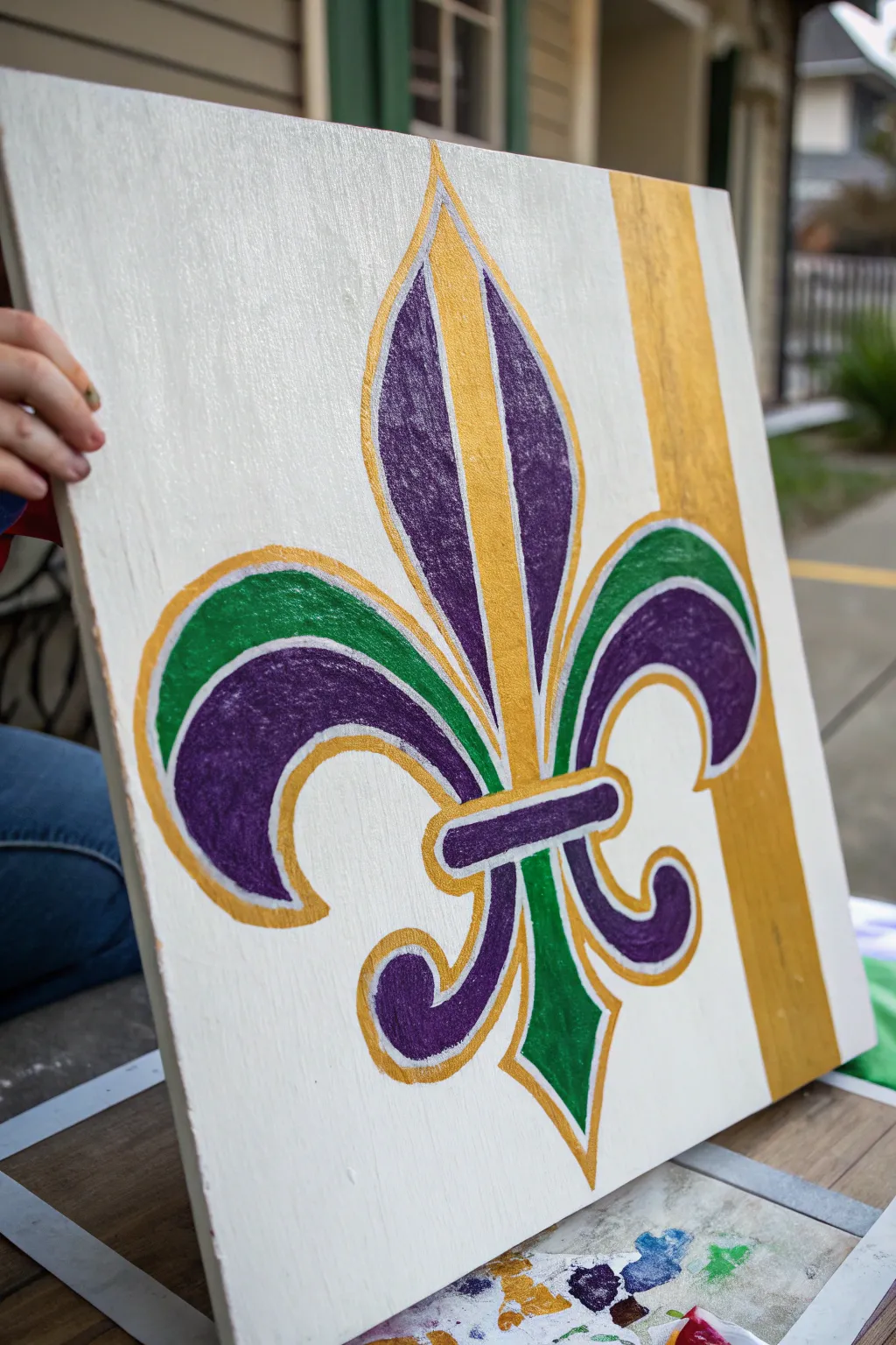 Paint a bold Mardi Gras fleur de lis in purple, green, and gold on deep black for drama.