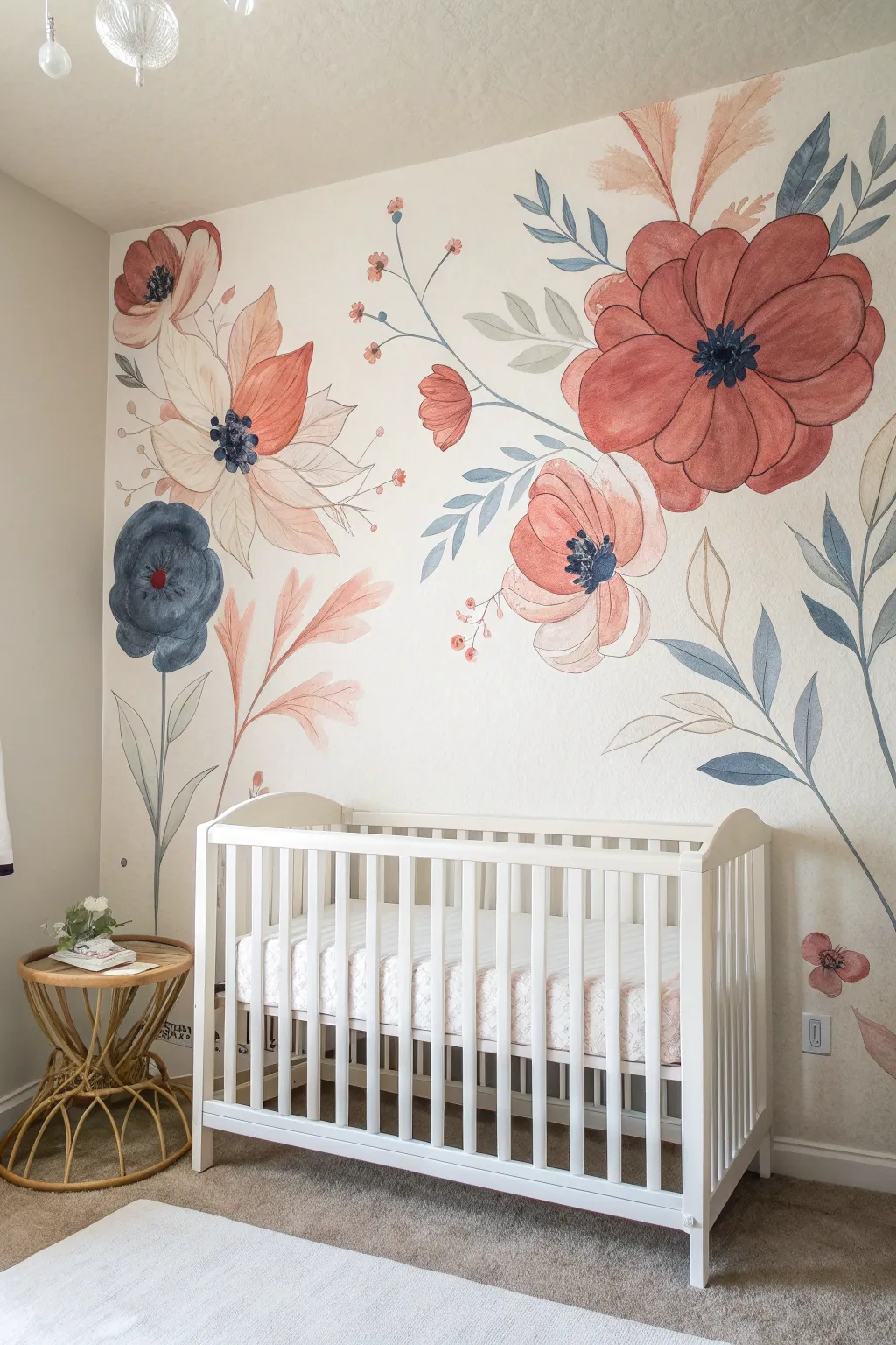 Soft watercolor bloom wash mural for a calm nursery, minimalist Scandinavian with boho warmth.