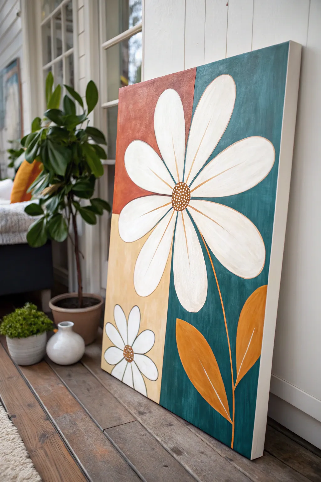 Loose acrylic floral shapes pop on a bold color-block canvas, modern yet softly handcrafted