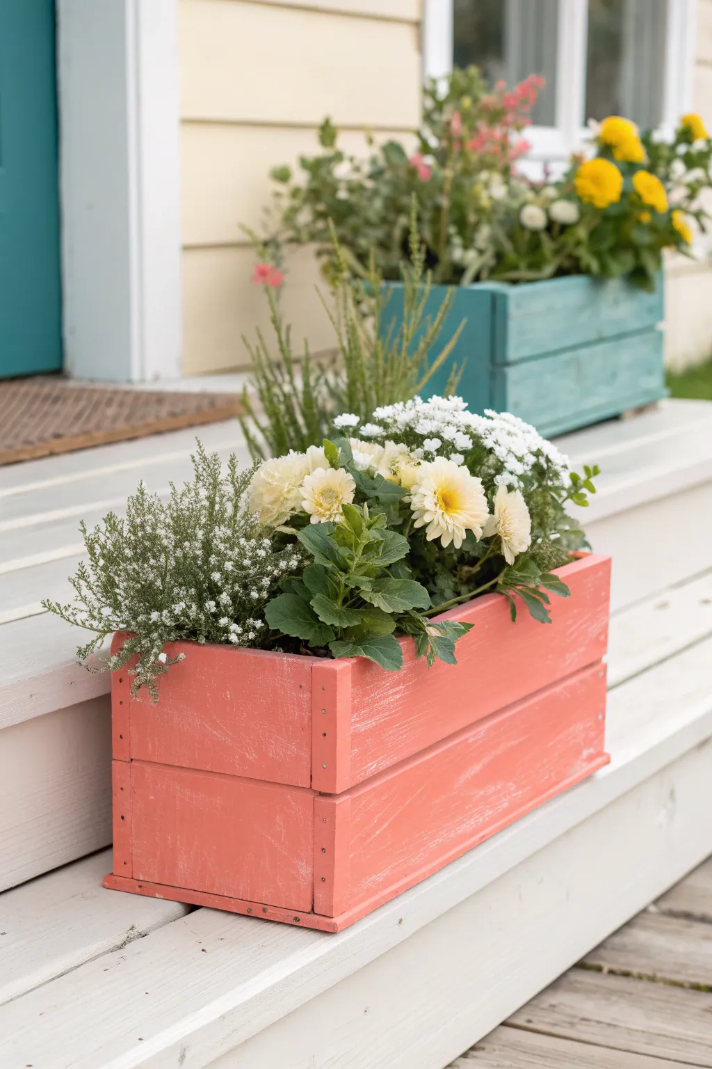 Coral base coat flower box with neutral blooms, minimal porch styling, and bold color contrast.