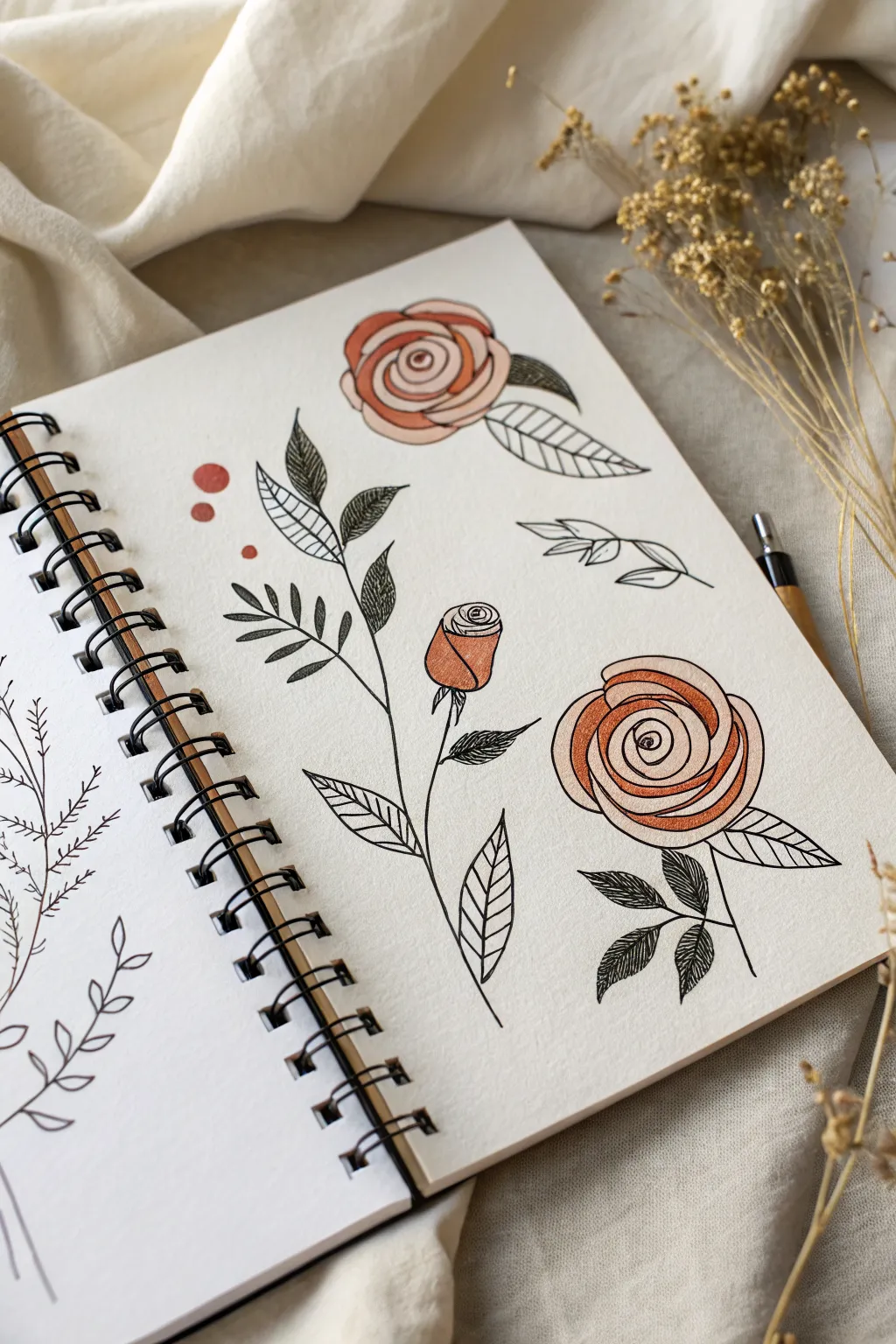 Easy rose bud spirals: three simple spiral-center doodles with leaves, thorns, and boho color pop