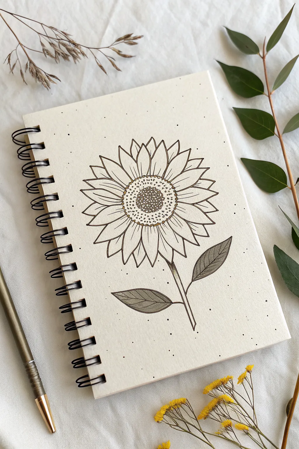 Easy sunflower drawing idea with a textured dotted center and simple bold petals