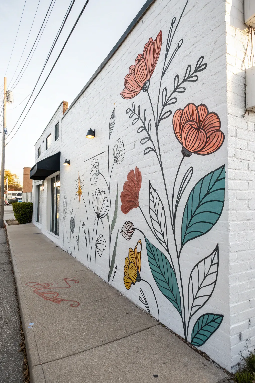Crisp black floral line art with curated color pops for a modern, feminine mural moment