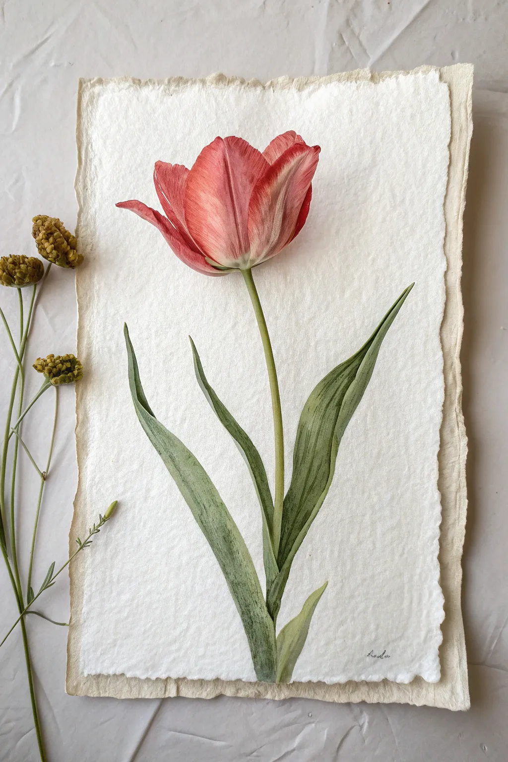 Tulips made simple: three bold shapes, one vivid hue, and airy negative space for calm impact.