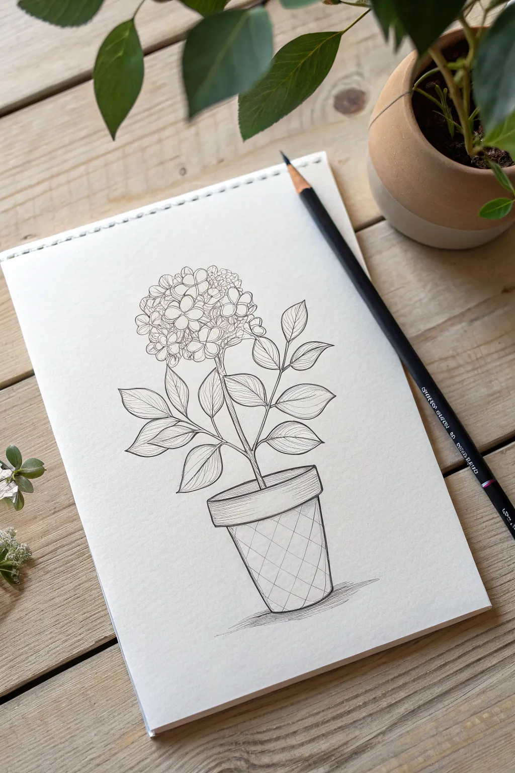 Balanced bouquet in a rounded pot, simple blooms and leafy fillers for easy drawing inspiration