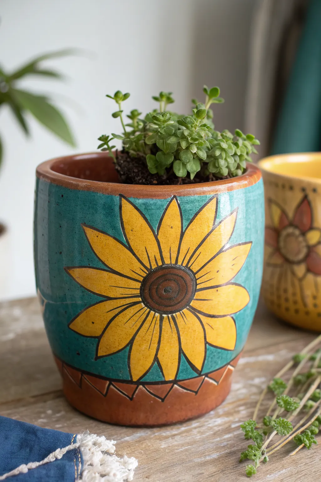 Bold sunflower statement planter with a fresh green plant, clean Scandinavian minimal with boho warmth