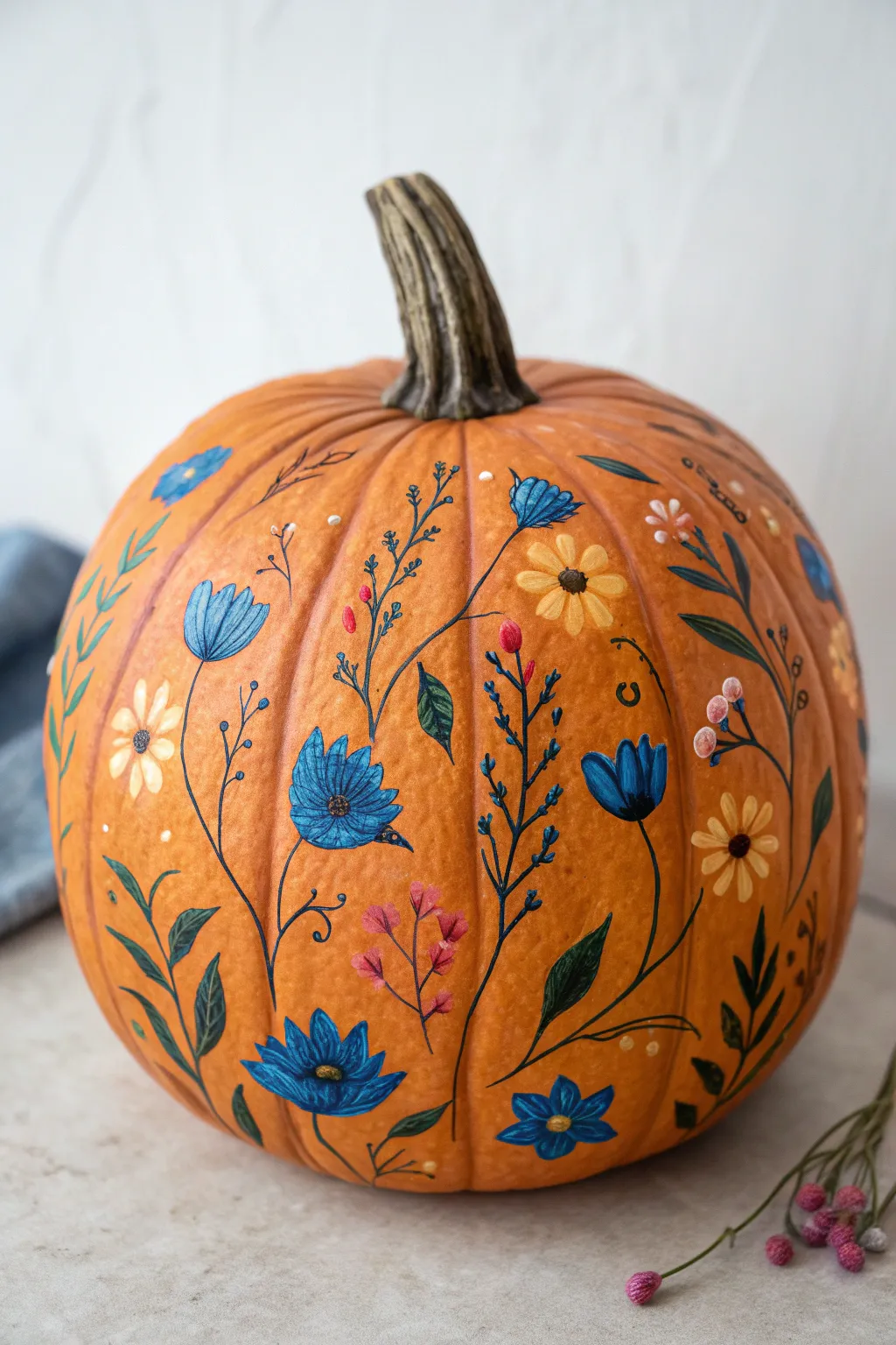 Whimsical wildflower scatter pumpkin painting inspo in a minimalist Scandinavian boho setup