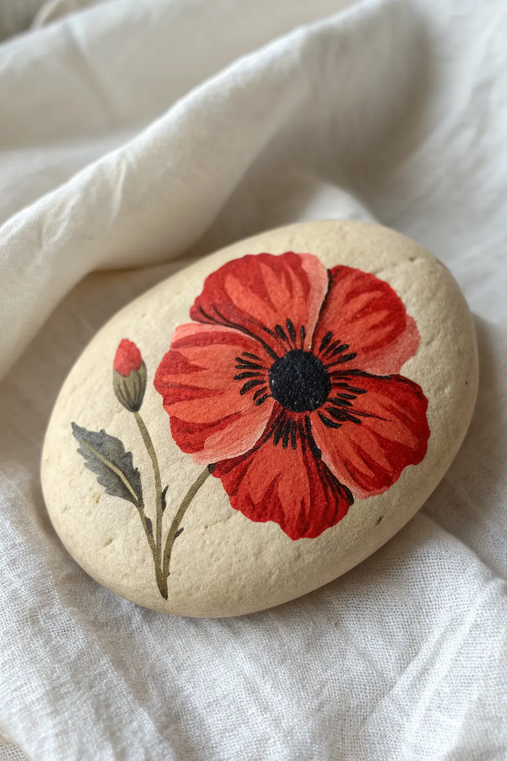 Bold red poppy rock painting with a dark center, minimalist boho styling and crisp contrast