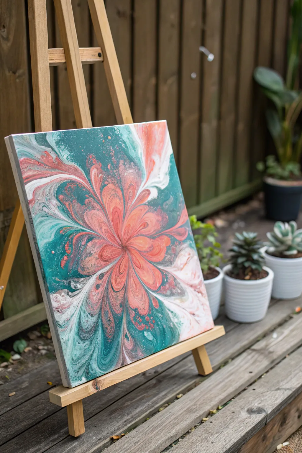 Dutch pour blooms in bold teal and coral, airy petals flowing across a clean white canvas