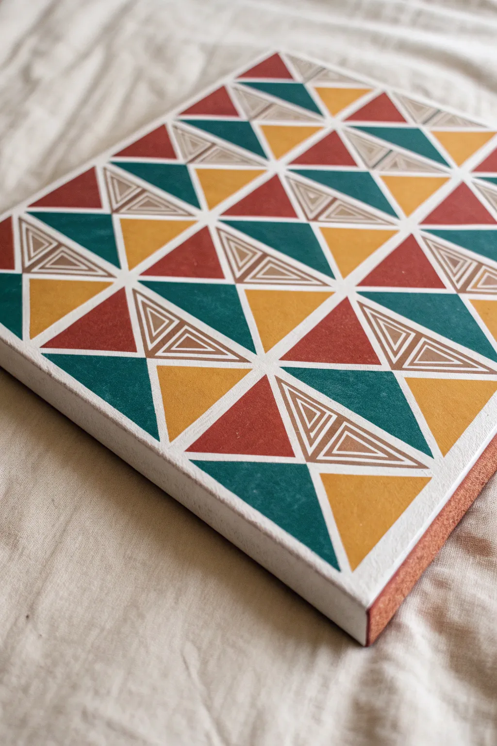 Geometric foam board painting with crisp tape lines and bold color blocks, minimal boho vibe.