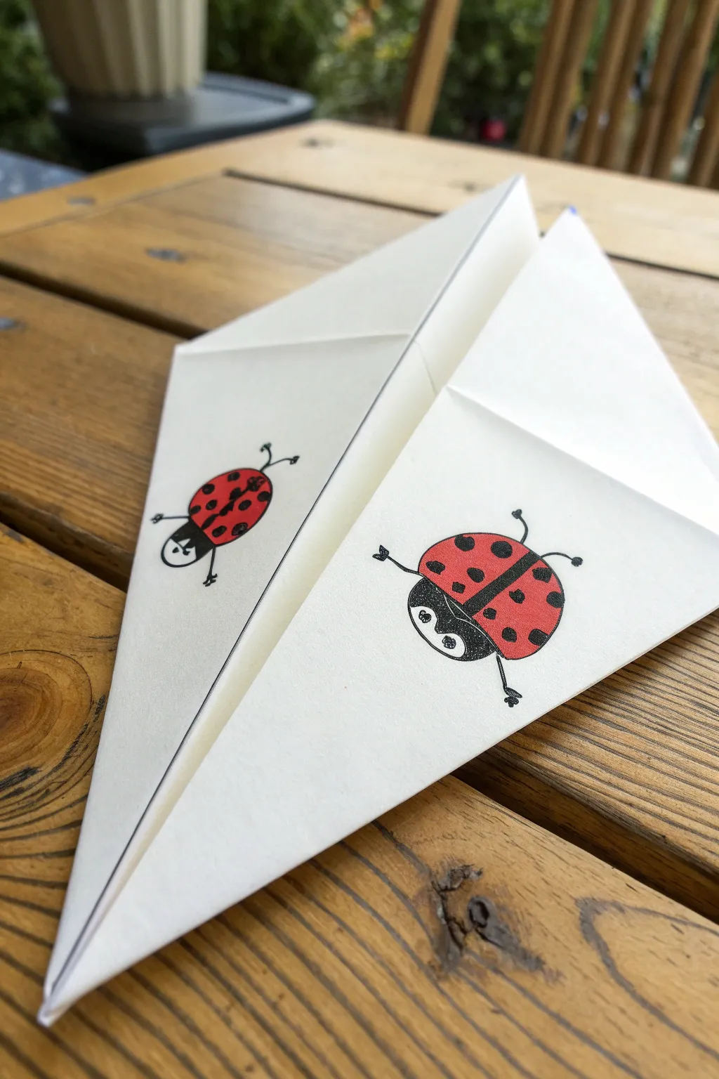 Folded-paper ladybug drawing that opens into wide wings, bold red spots and clean lines.