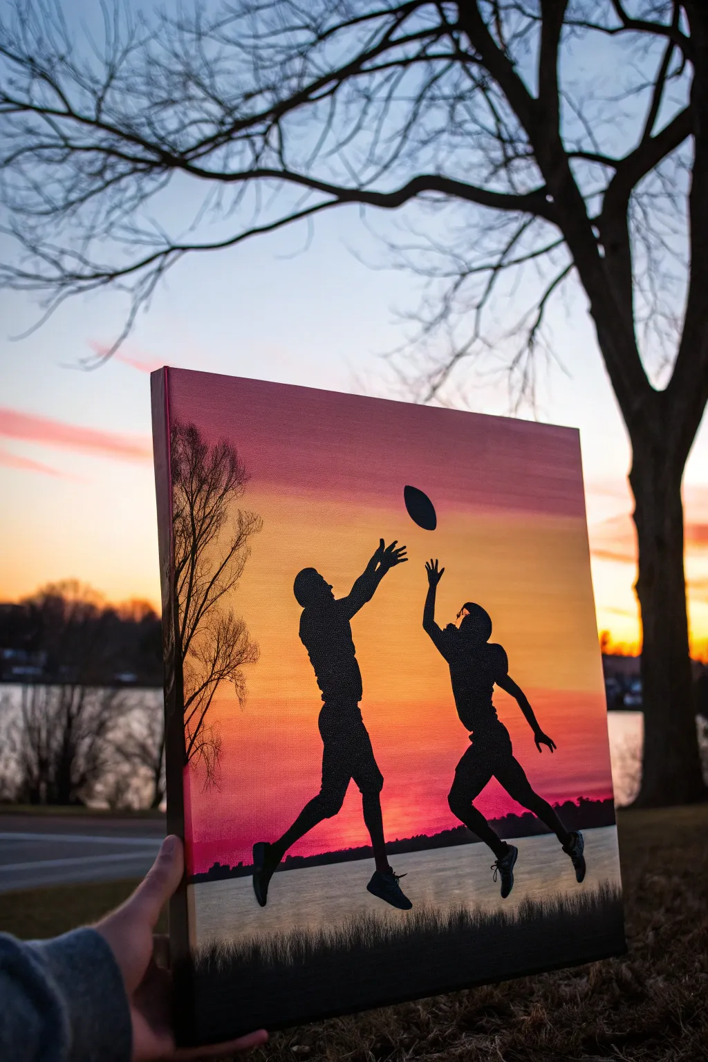 Golden hour touchdown catch silhouette painting idea with bold sunset gradient and clean end zone lines