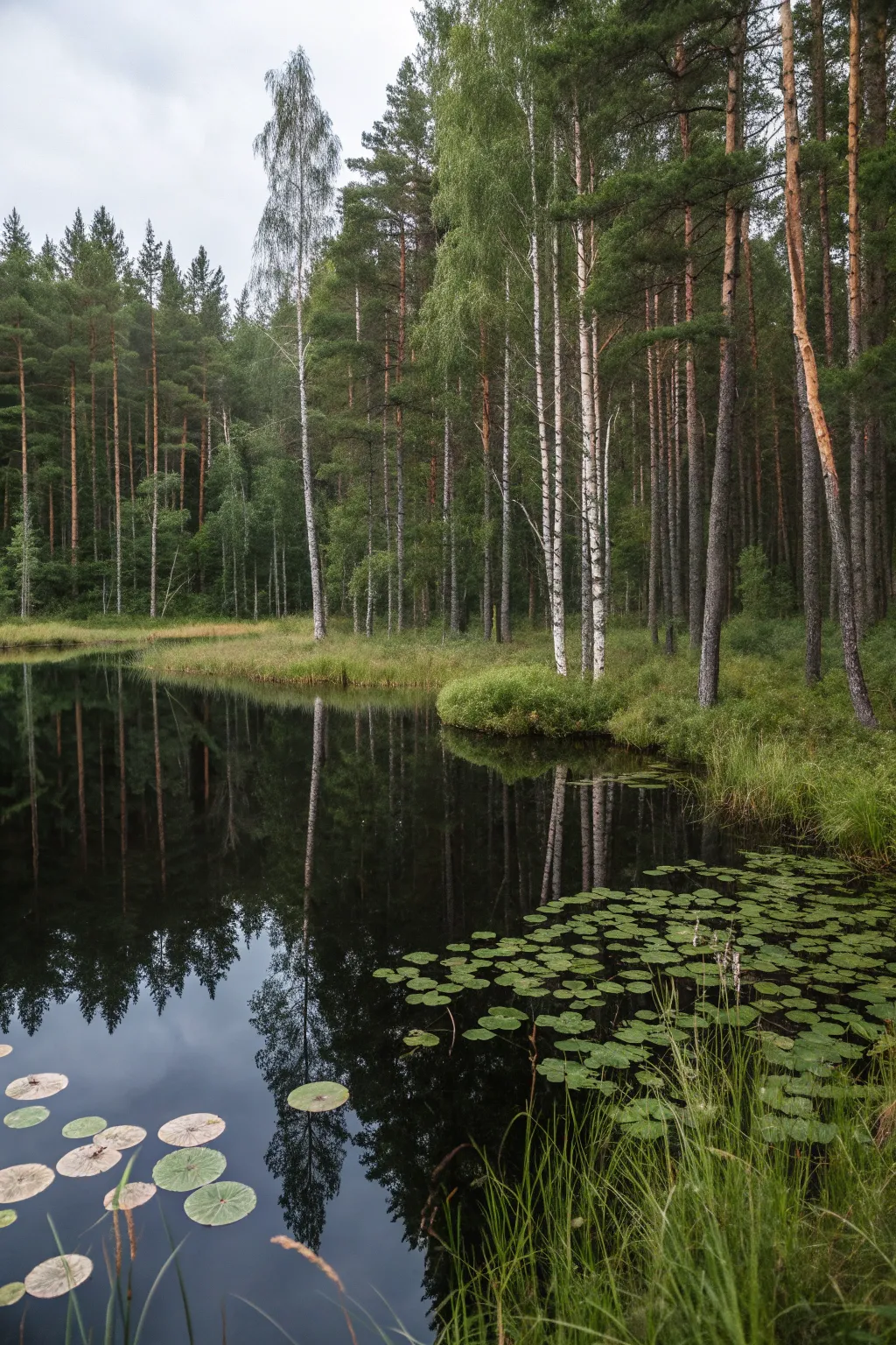 A quiet canopy pond with mirror reflections and lily pads, the ultimate serene forest water feature
