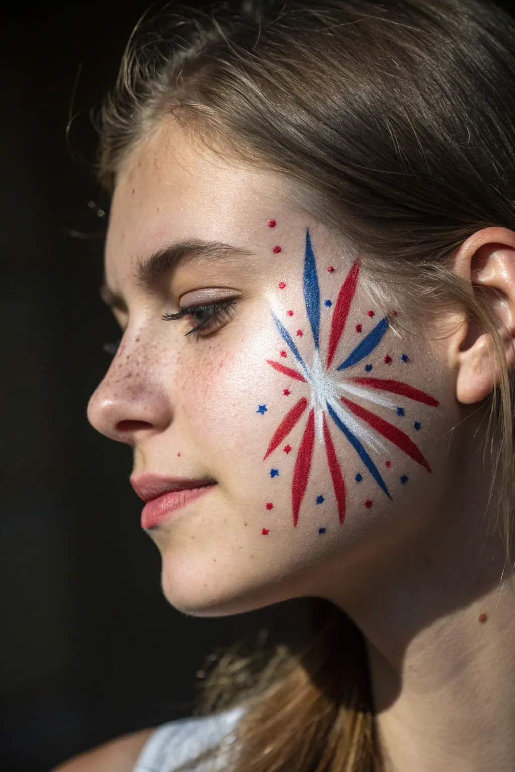 Firework burst cheek paint in red, white, and blue for a minimalist Fourth of July moment.