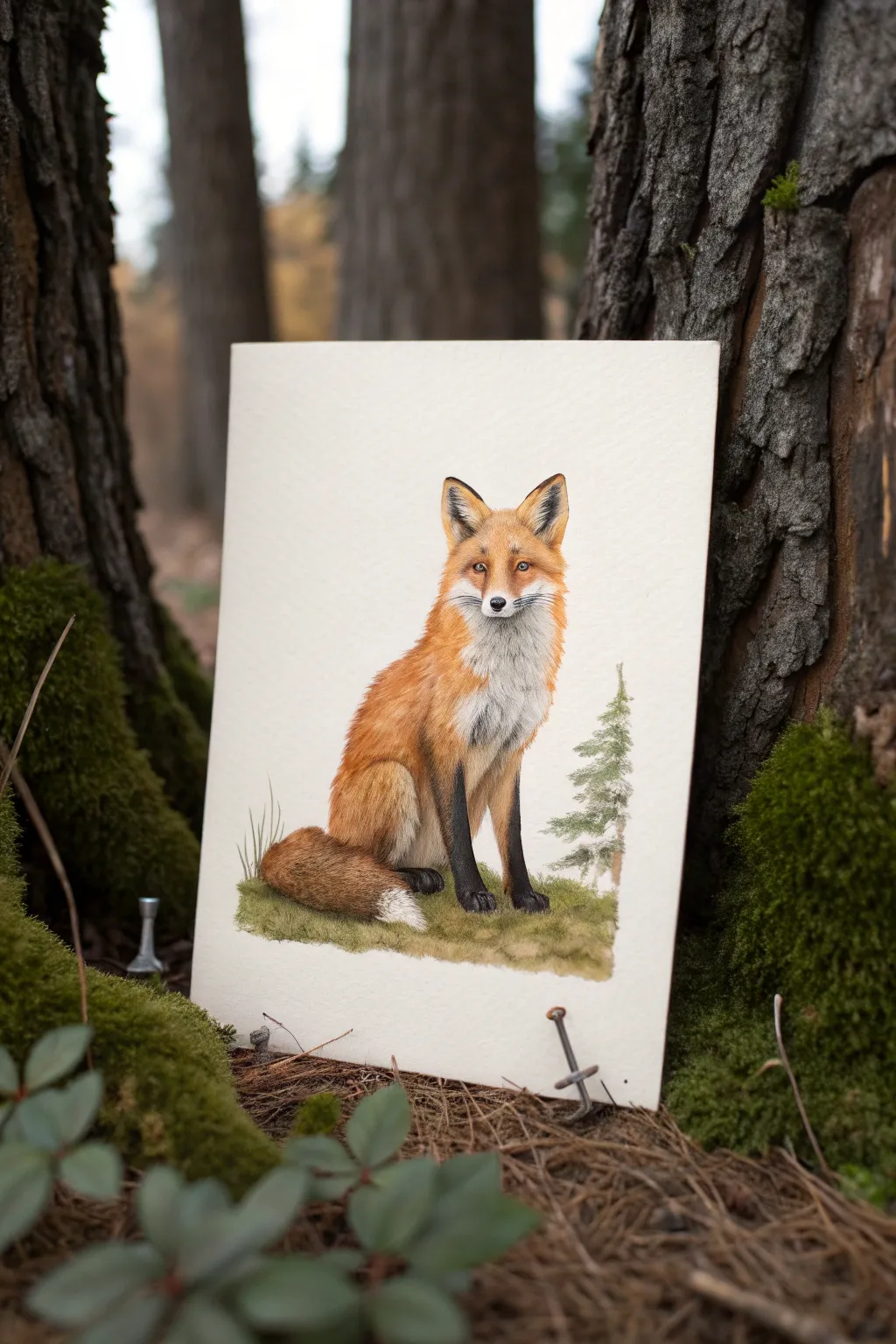 Minimalist full-body fox painting idea in bold autumn tones, calm woodland framing.