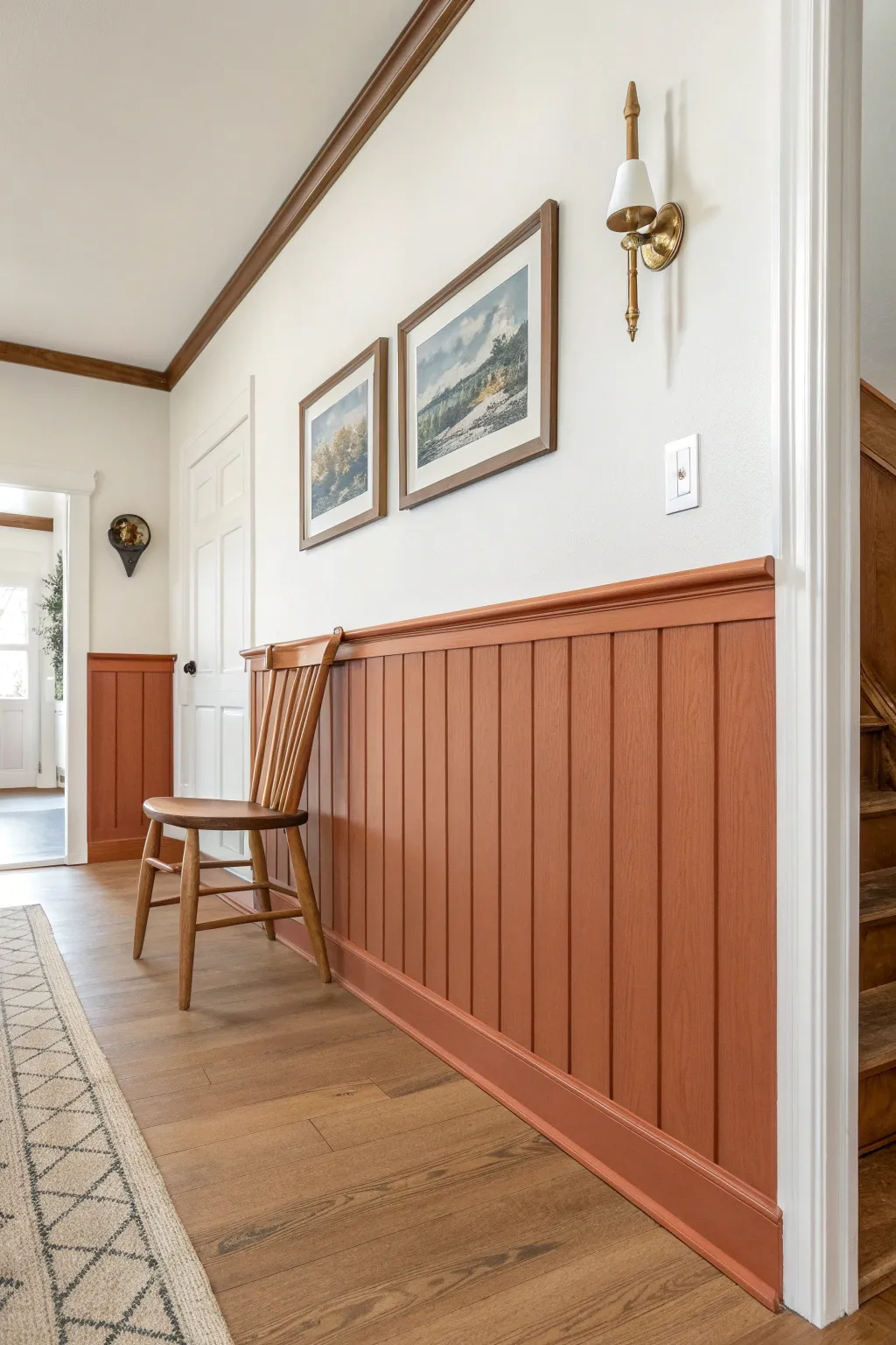 Two-tone wainscoting: deep terracotta below, creamy white above for instant foyer drama