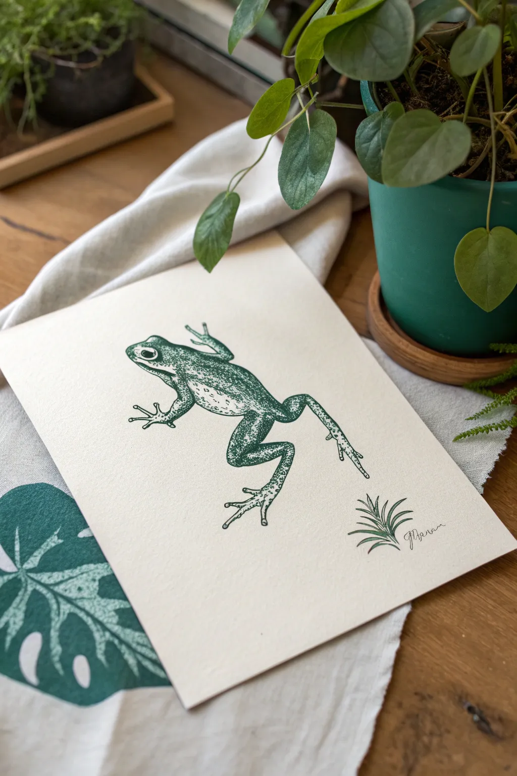 Leaping frog action sketch with bold green wash and clean motion lines on textured paper.