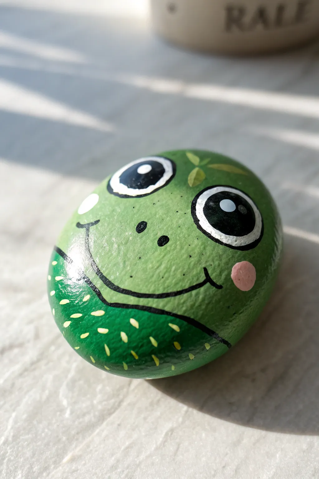 Glossy-eyed frog face pebble in bold greens, cozy minimalist boho styling, high-contrast close-up.