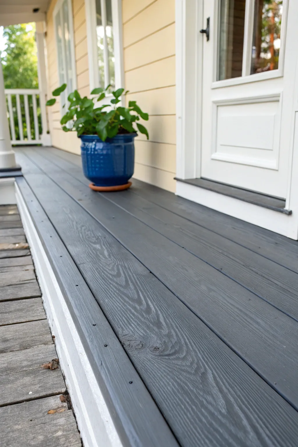 Charcoal porch floors add instant drama with crisp white trim and a bold color pop.