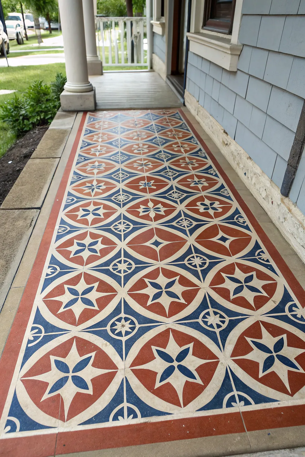 Classic stenciled tile effect on concrete for a chic, timeless porch refresh