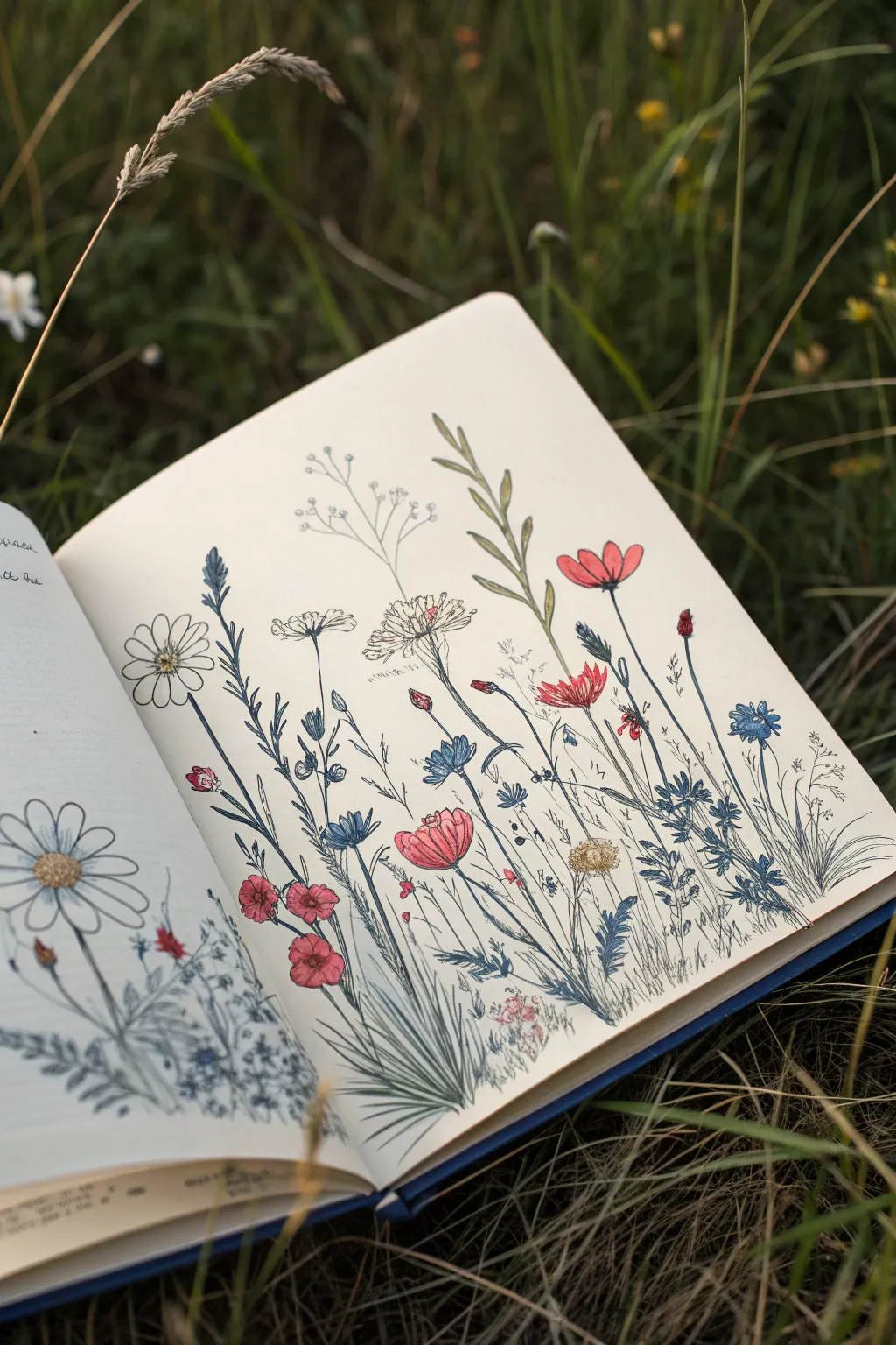 Corner-to-corner wildflower field drawing idea in bold color, airy lines, and zero blank space
