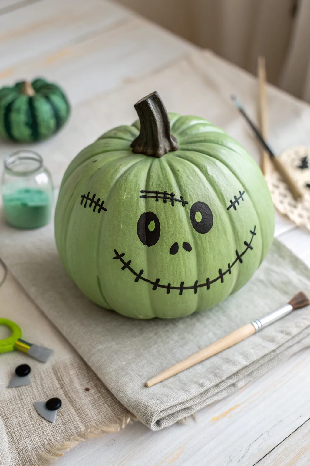 Friendly Frankenstein pumpkin in bold greens and black for an easy, cute fall painting idea