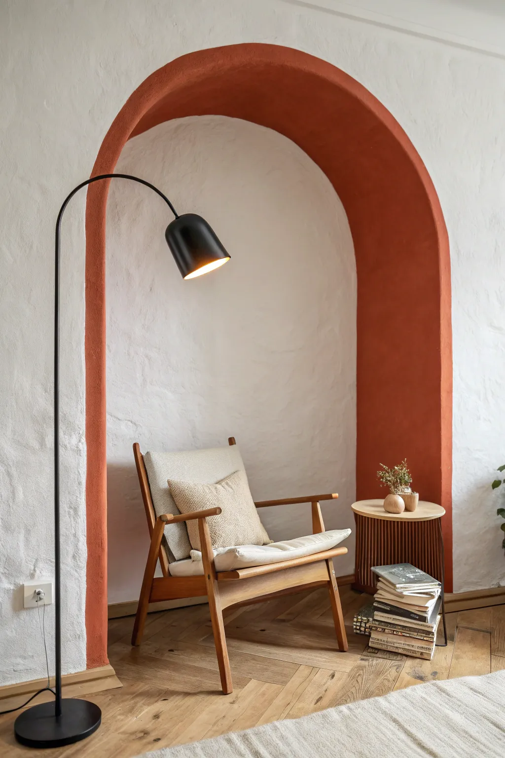 Terracotta painted arch frames a cozy reading nook with clean Scandinavian lines and boho warmth