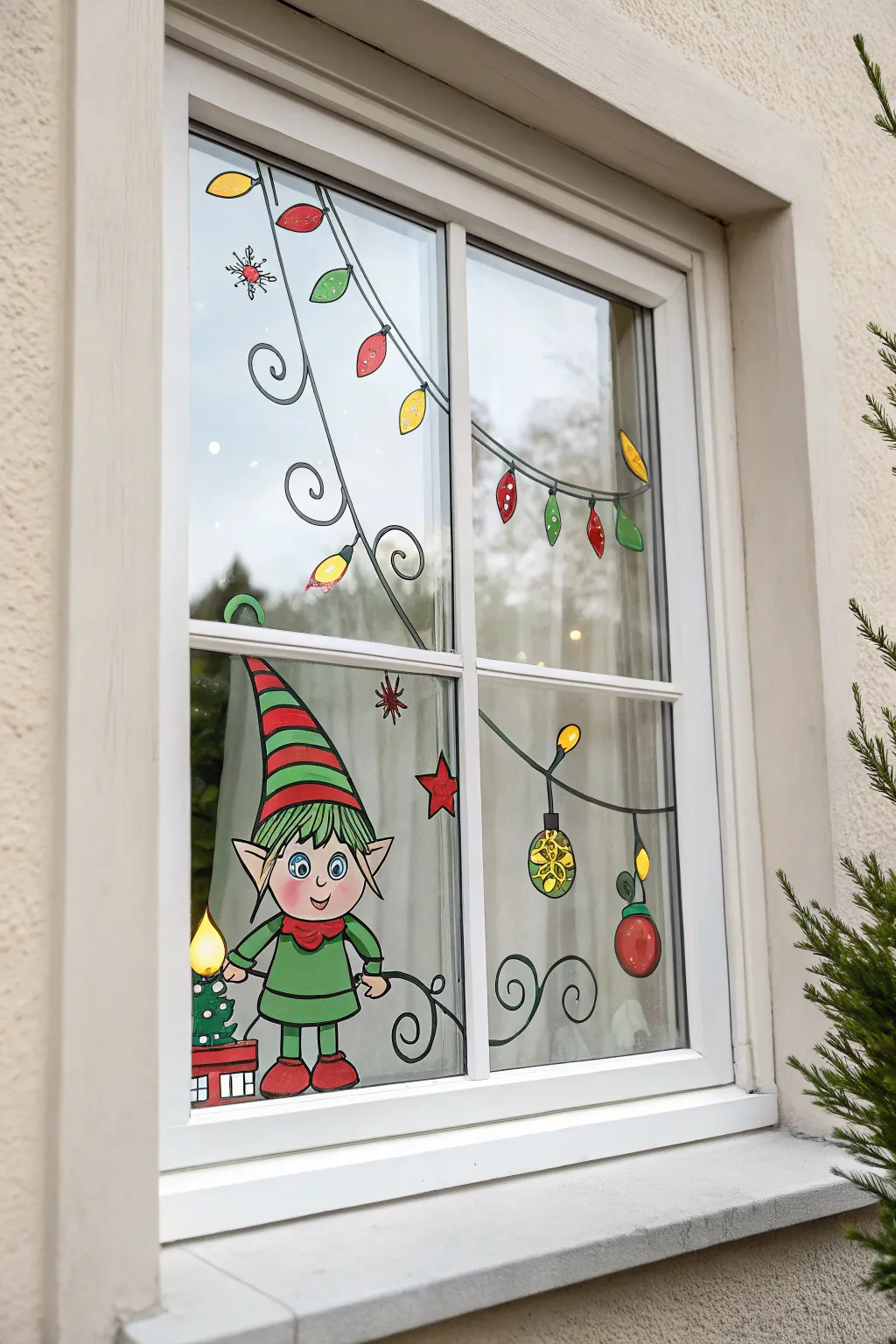 Elf chaos on glass: a hand-painted window design tangled in twinkly Christmas lights