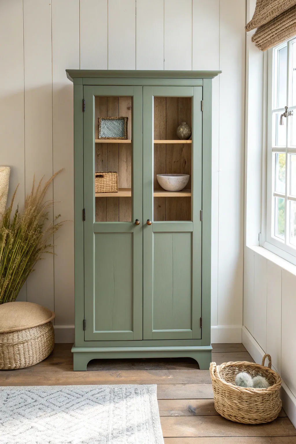 Matte sage green cabinet with natural textures for a calm, earthy Scandinavian-boho vibe