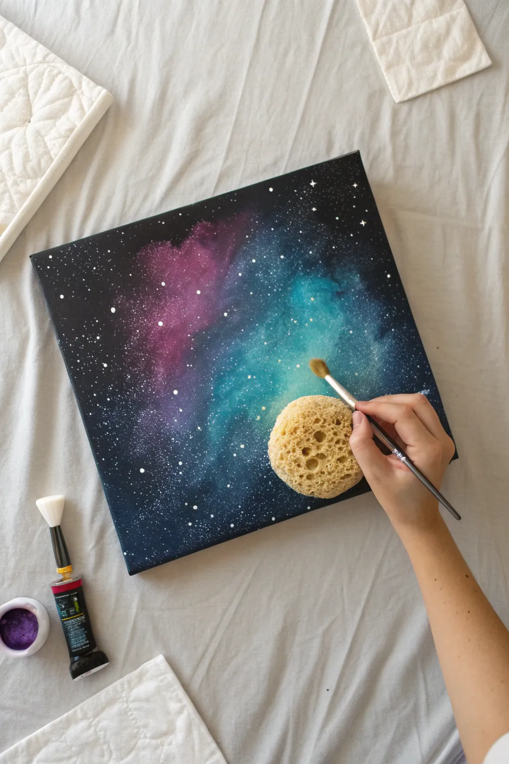 Sponge-dab a bold galaxy gradient on black for soft nebula clouds before adding stars