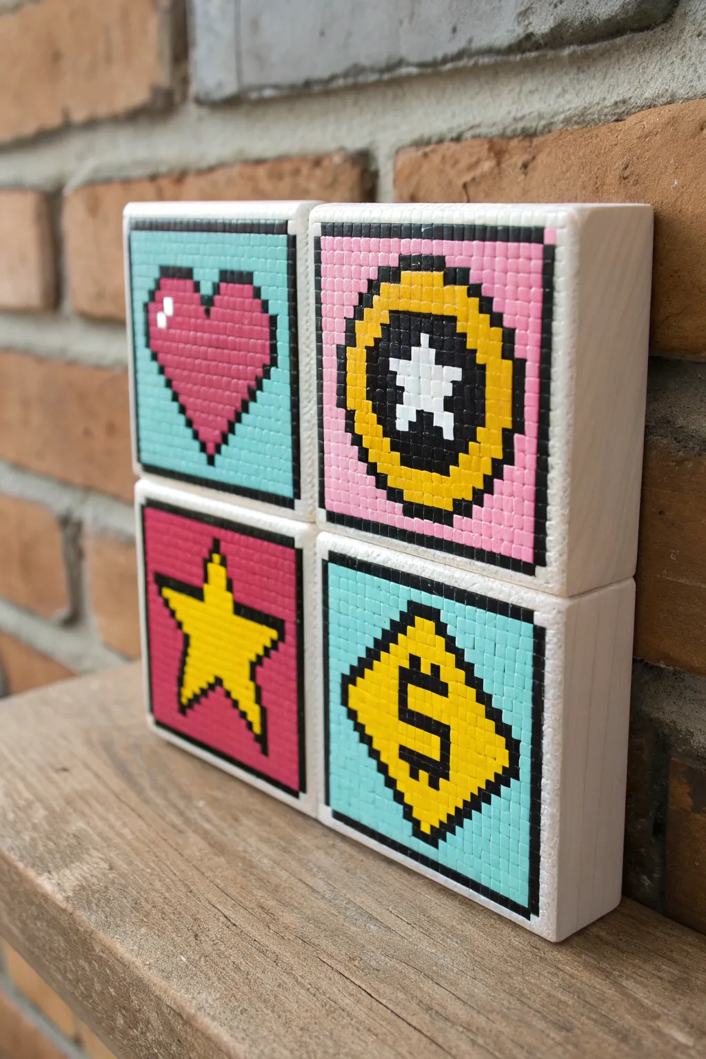 Retro pixel icons in bold color blocks, a clean minimalist painting idea with nostalgic charm