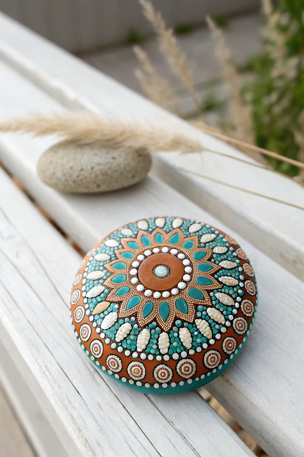 A bold dot mandala rock as the serene focal point for a calm, minimalist garden nook