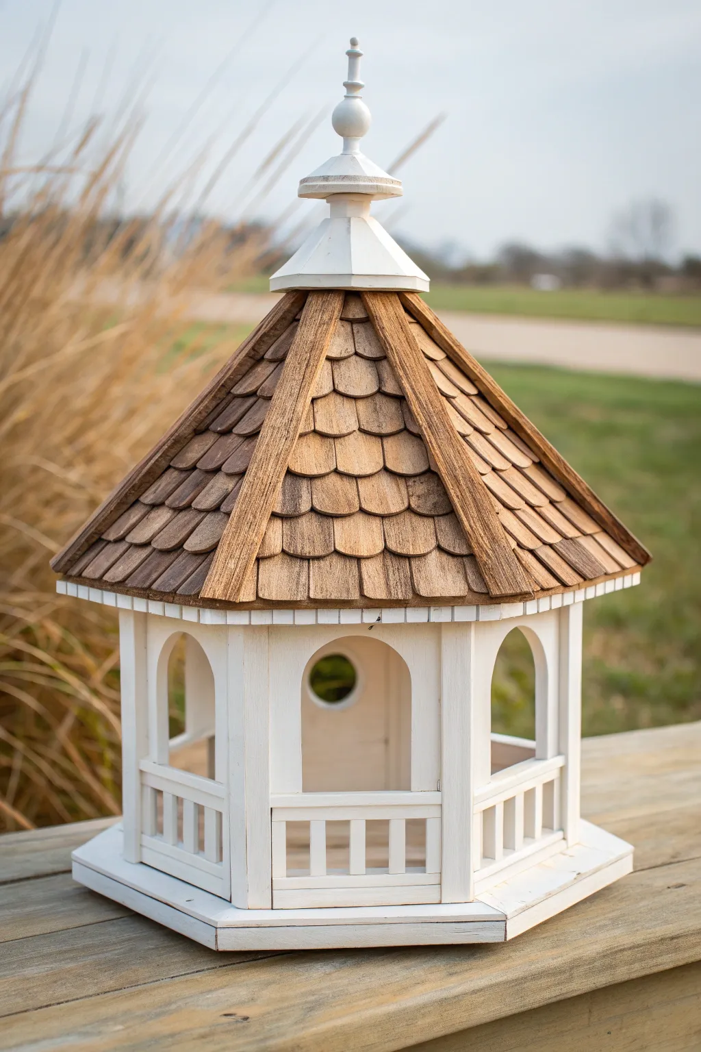 Painted shingle roof illusion on a gazebo birdhouse, simple walls, rich layered browns.