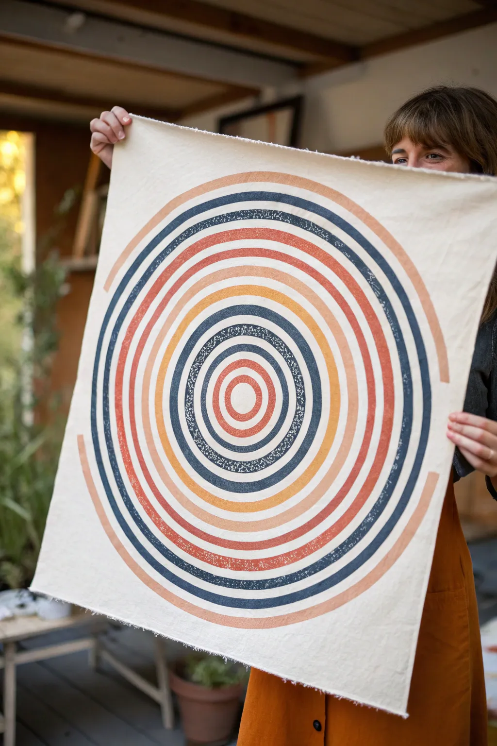 Concentric circles study in bold earthy hues, minimalist geometry with a boho touch.