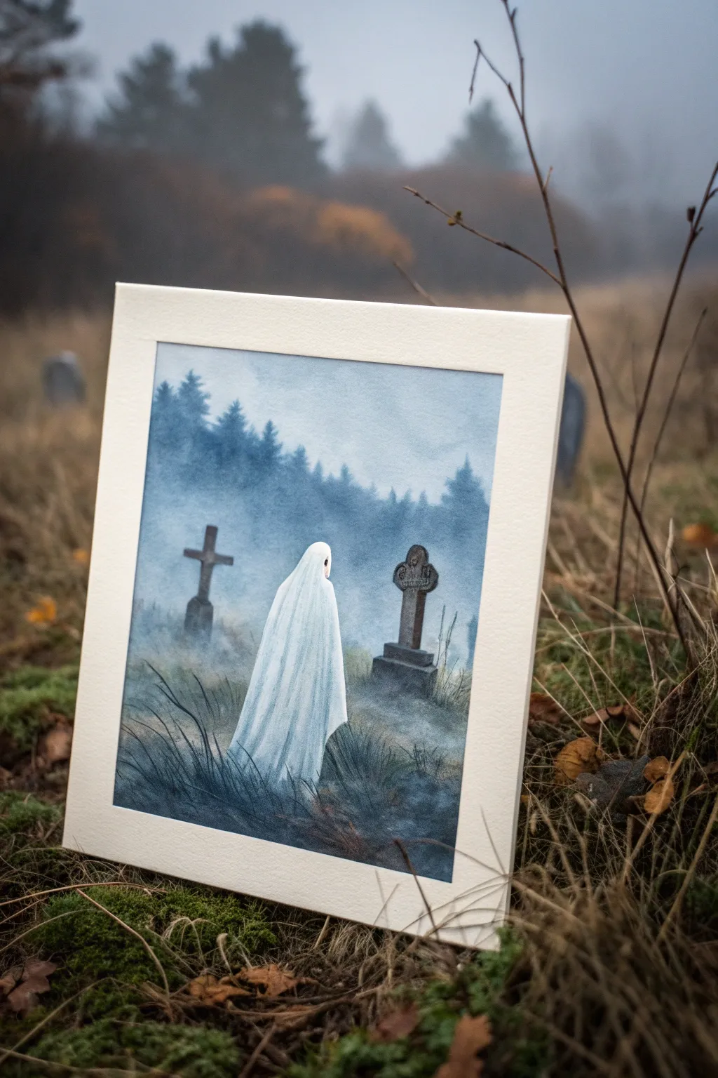 Paint a misty graveyard scene with a glowing ghost silhouette for haunting minimalist drama