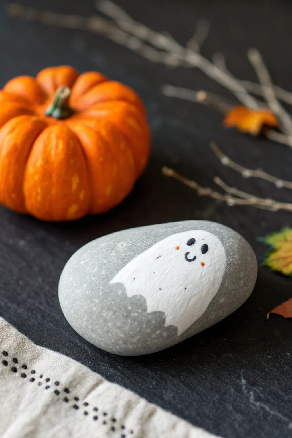 Hand-painted Scandi-boho ghost rock with a bright pumpkin pop, perfect for cozy fall decor.