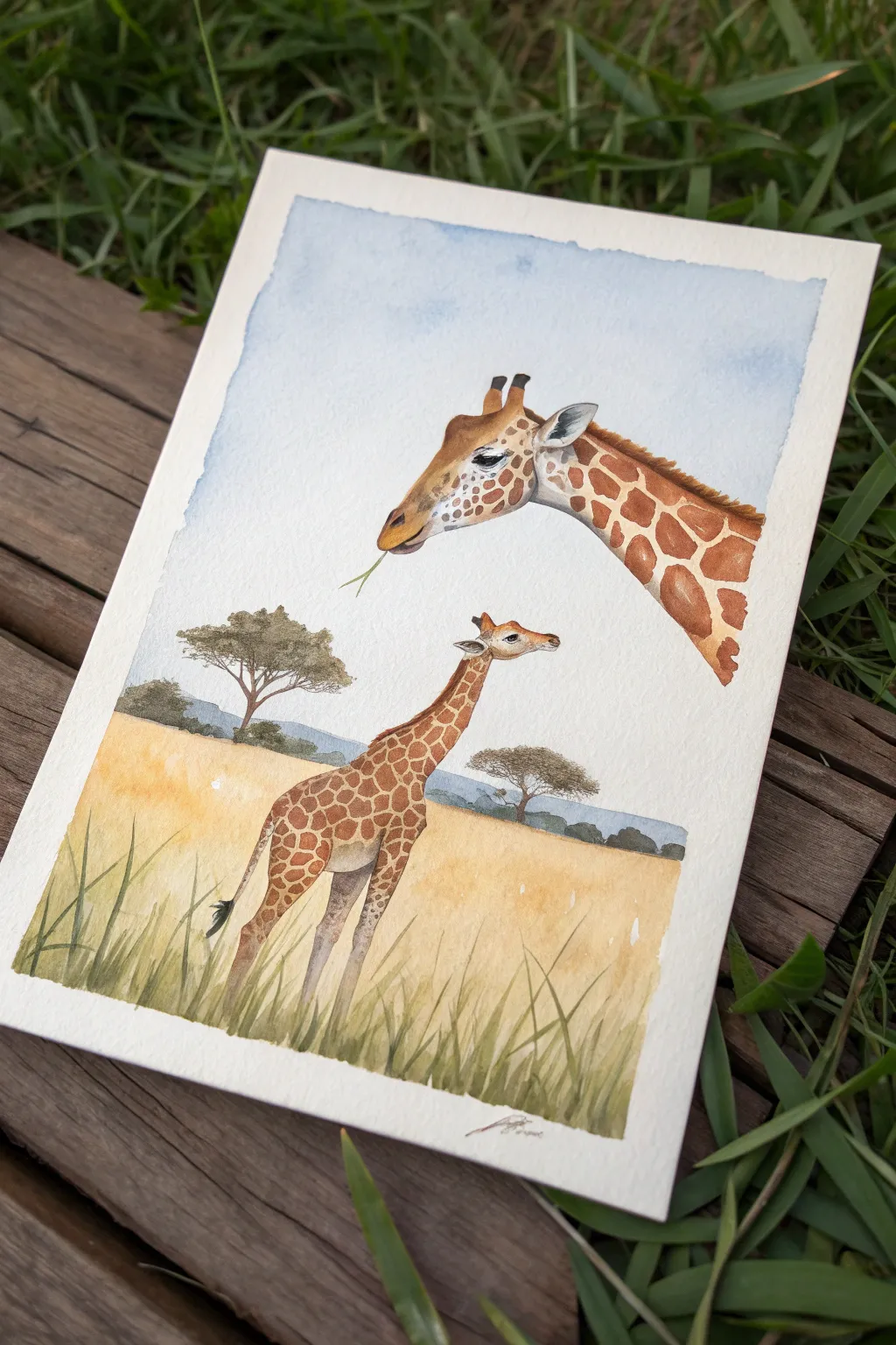 Mother and calf giraffe nuzzle painting idea in warm minimalist savanna tones with bold contrast