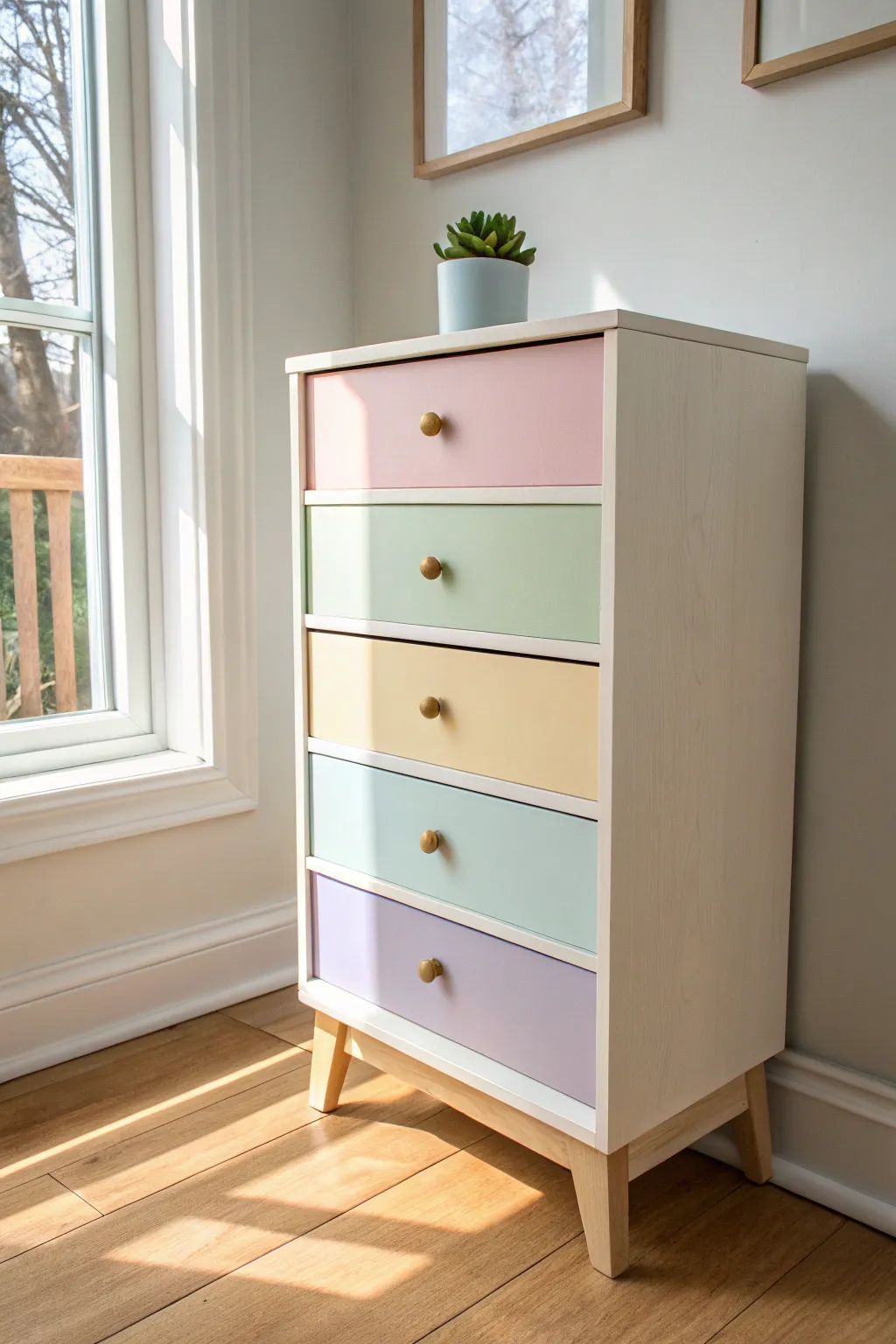 Pastel rainbow drawers transform a simple dresser into a sweet, modern girls room focal point