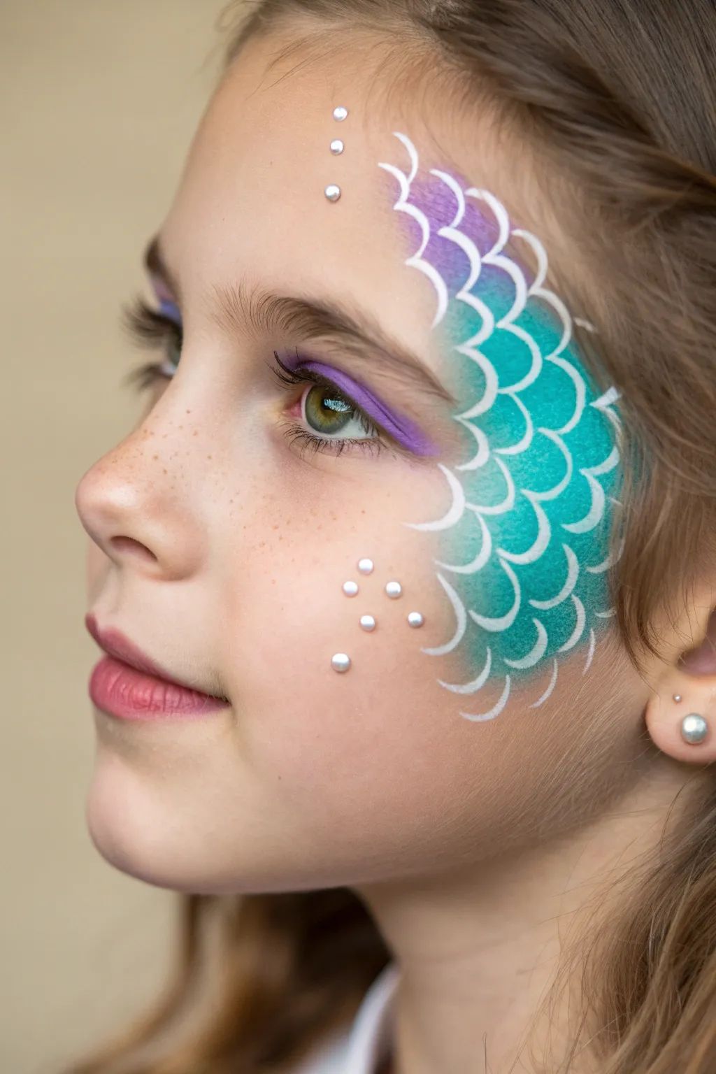 Mermaid scale cheek art in teal-to-purple with sea swirls and pearl dots, clean and chic