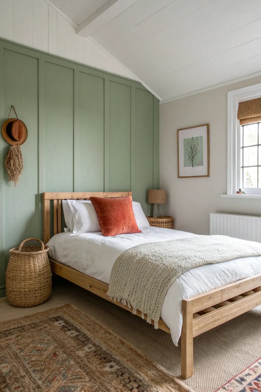 Sage green walls plus linen and light wood create a calm, grown-up girls room that lasts.