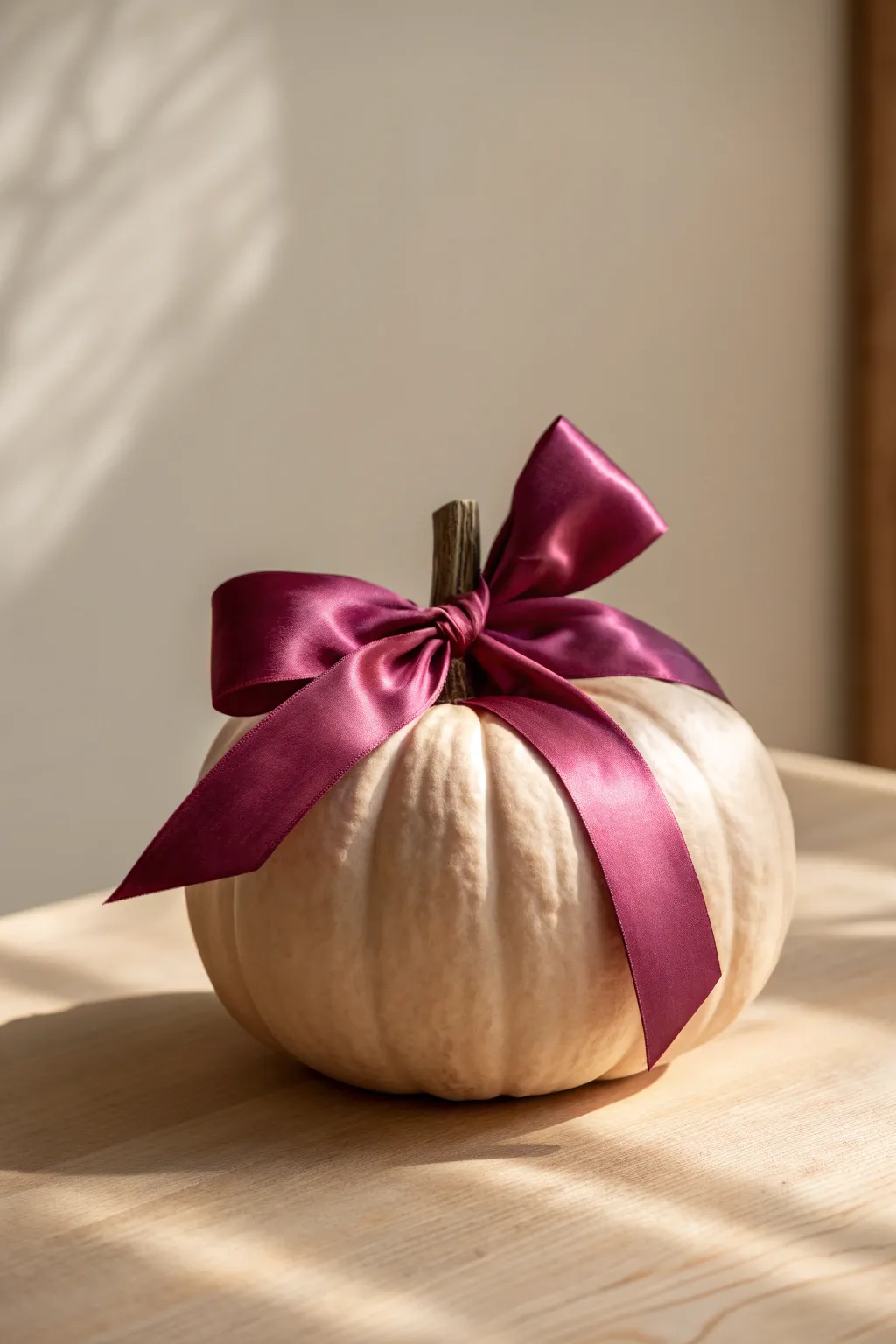 Big bow pumpkin: a blush pumpkin topped with a bold satin bow for chic minimalist boho decor