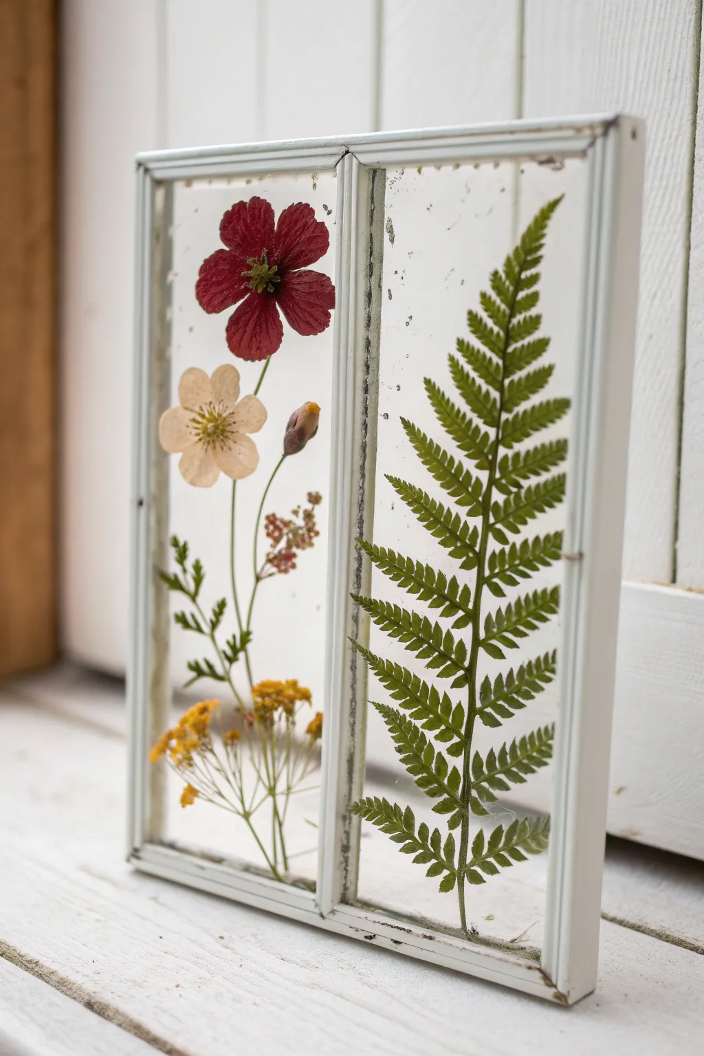 Pressed botanicals suspended in glass, glowing in soft backlight for minimalist boho charm.
