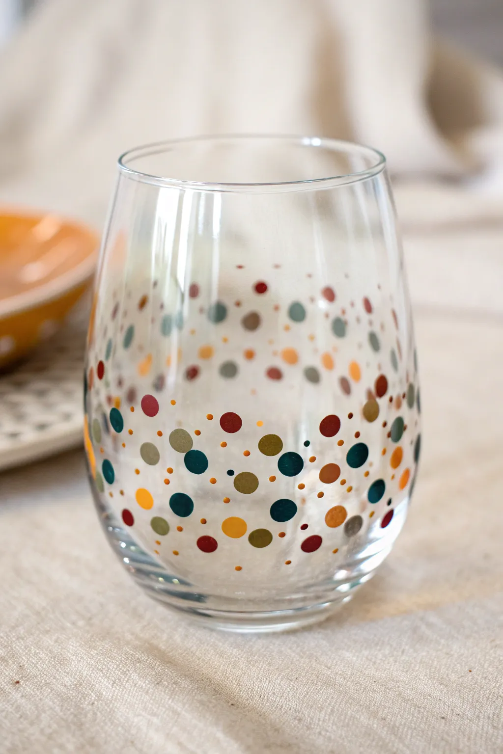 Confetti-dot glass painting idea: bold layered polka dots on a clean, airy stemless glass