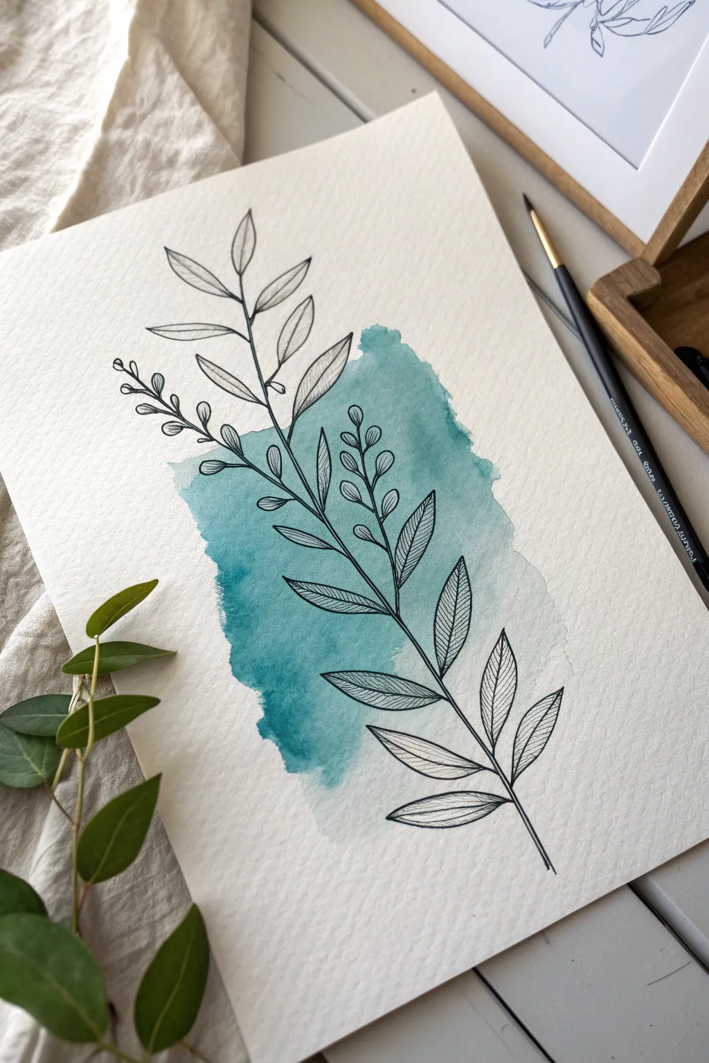 Simple eucalyptus sprig sketch inspiration with clean white space and a bold teal accent wash