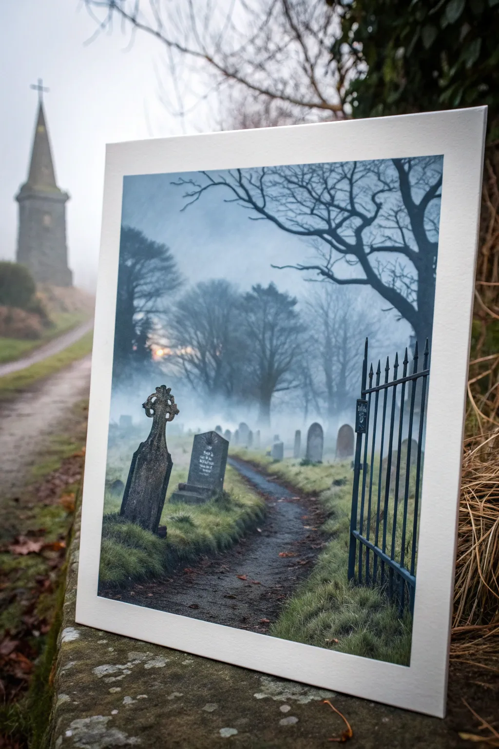 Misty graveyard painting idea: tilted headstone, winding path, bold contrast, minimalist boho mood.