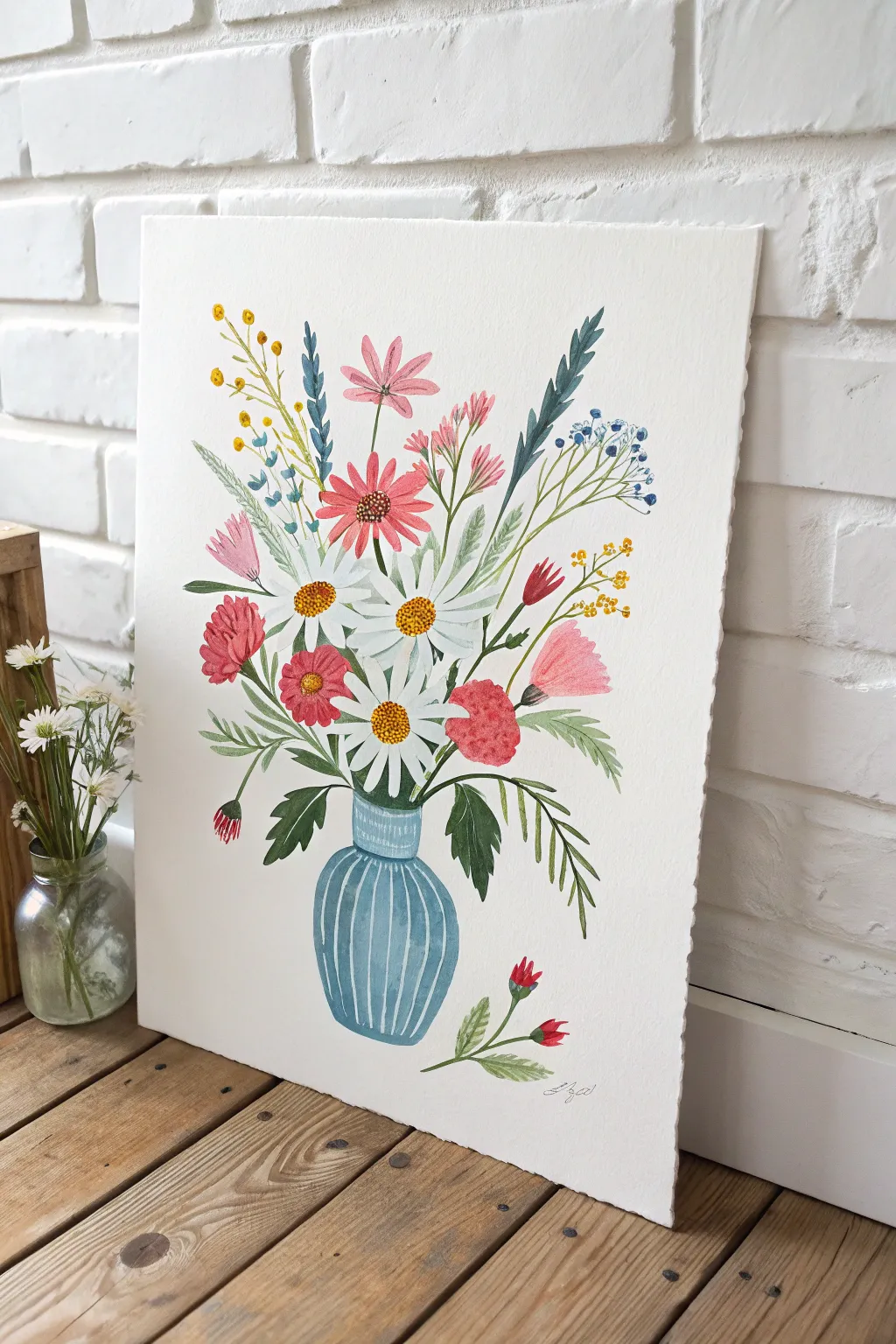Simple gouache wildflowers in a chunky vase, pastel tones with bold opaque pops.