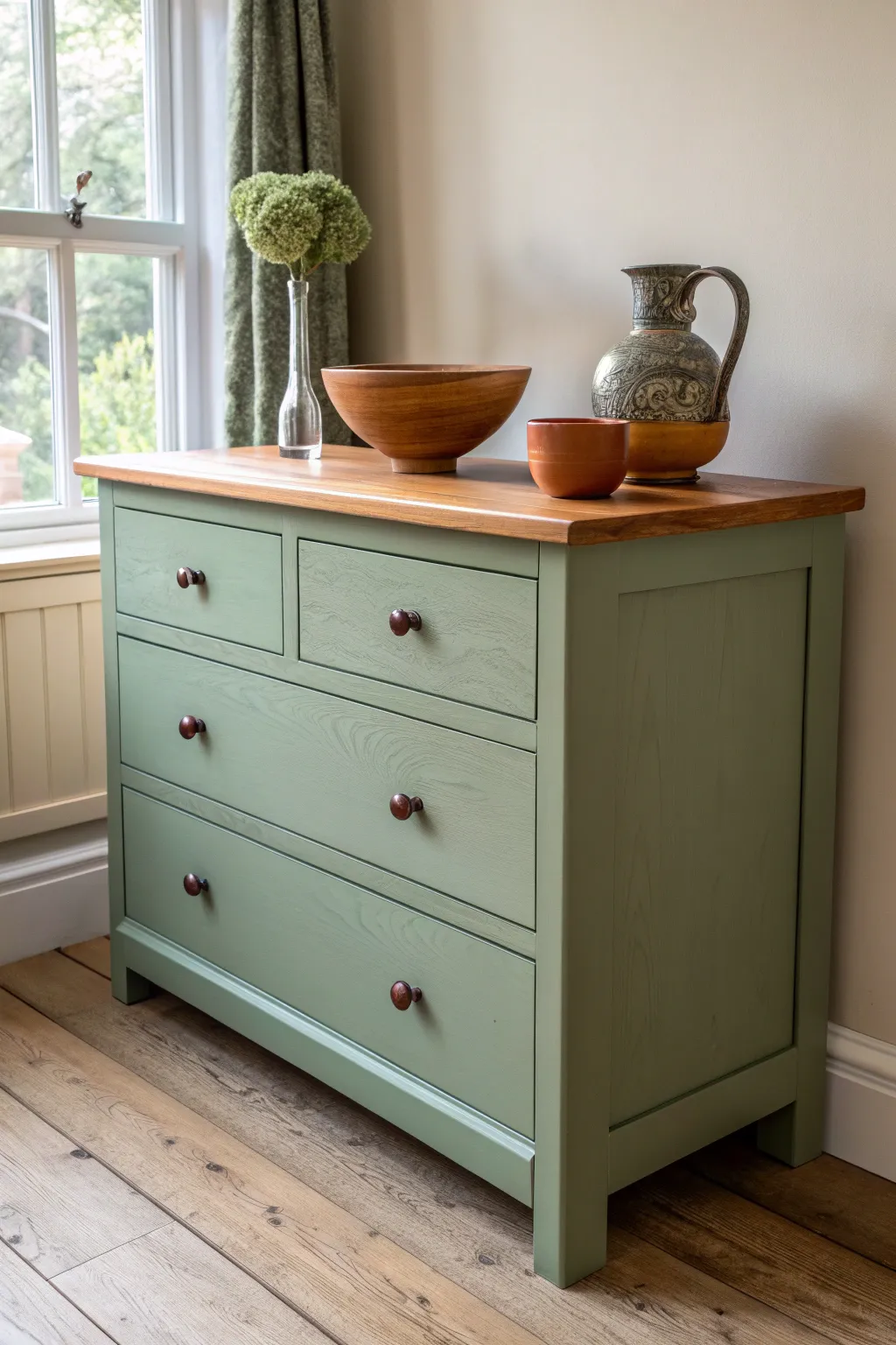 Two-tone green dresser with a natural wood top, Scandinavian minimal with warm boho accents.