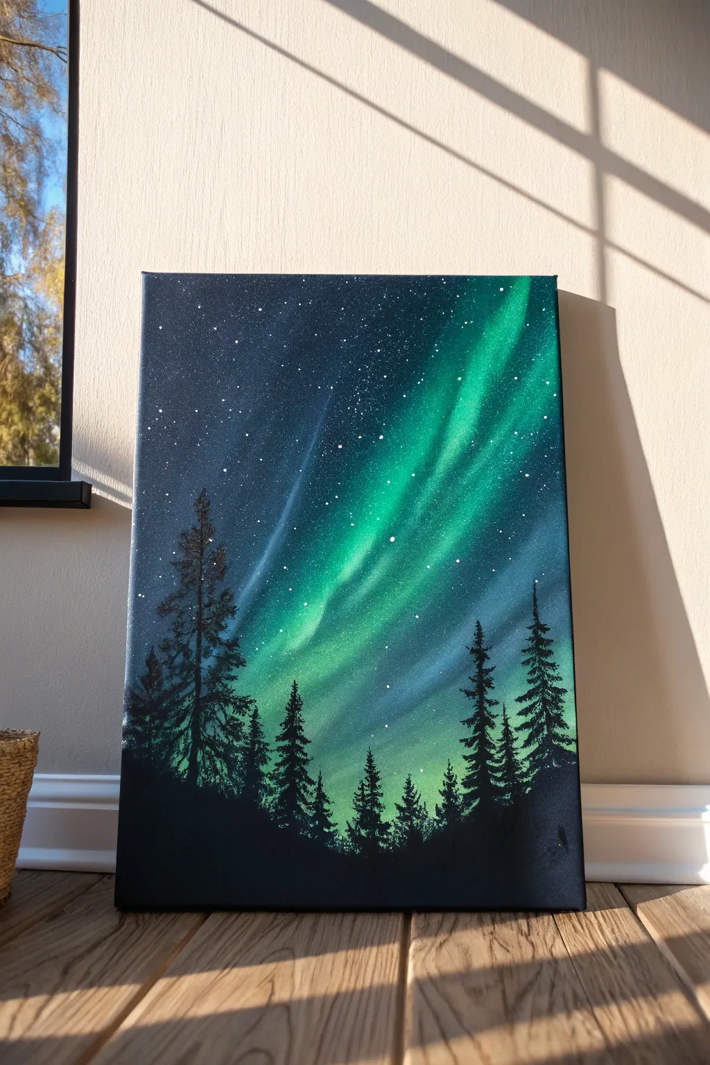 DIY canvas inspiration: emerald aurora on a deep night sky with crisp stars and a simple horizon.