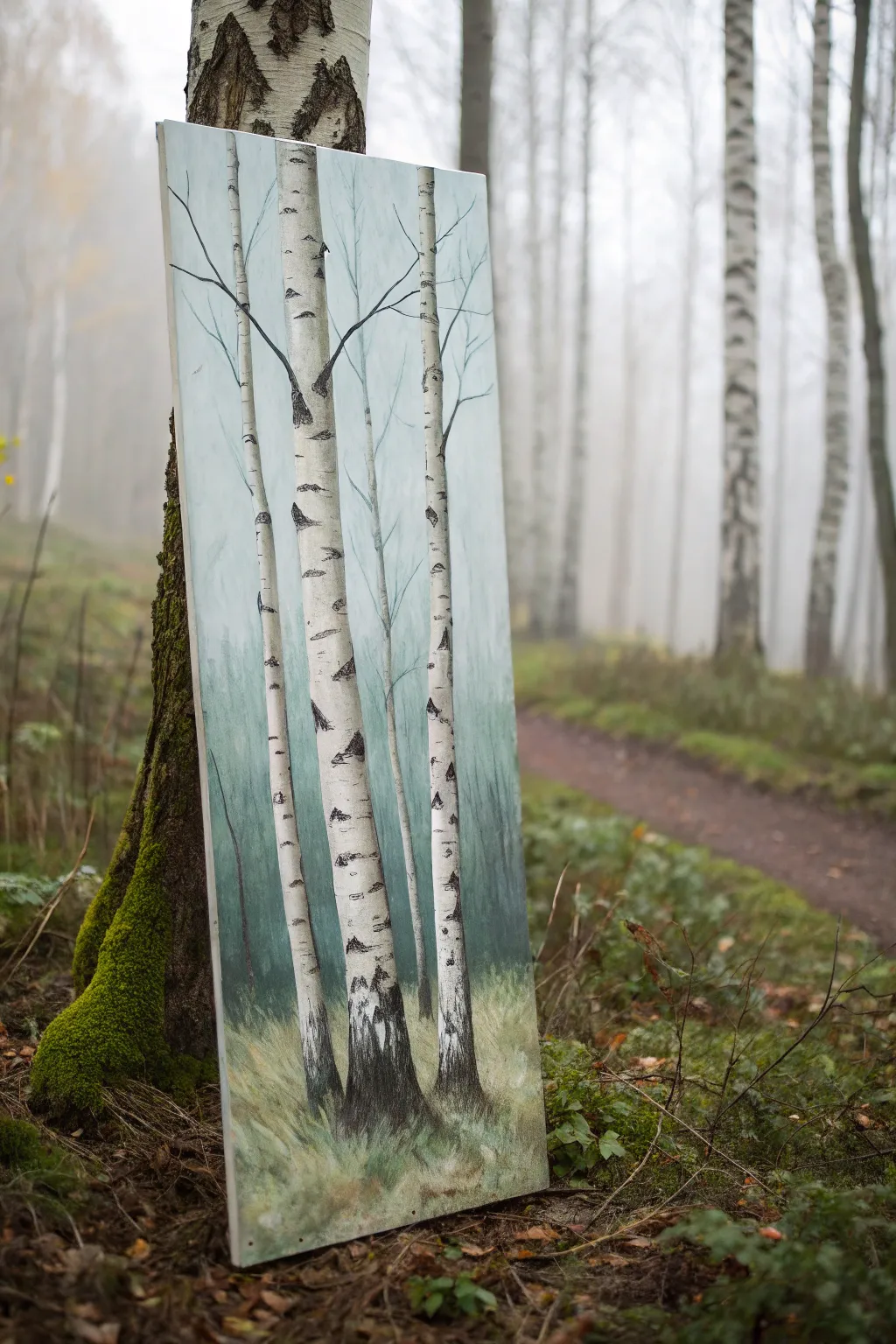 Birch trunks glowing in sage-green mist, a calm minimalist forest painting idea