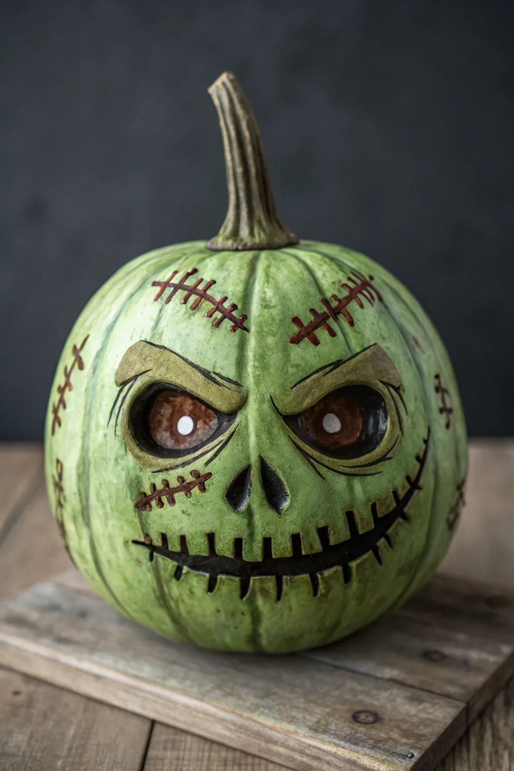 Rotting green zombie pumpkin with stitched cheek for a bold, moody Halloween paint idea